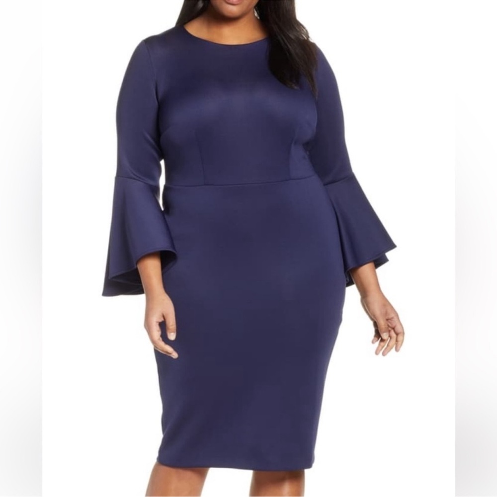 Eloquii Flare Sleeve Scuba Pencil MIDI Dress Plus Size 24 Solid Navy Career Date
